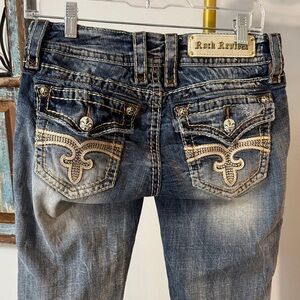 Rock Revival Embroidered Pocket Celine capris Jeans heavy stitch low rise EUC 28